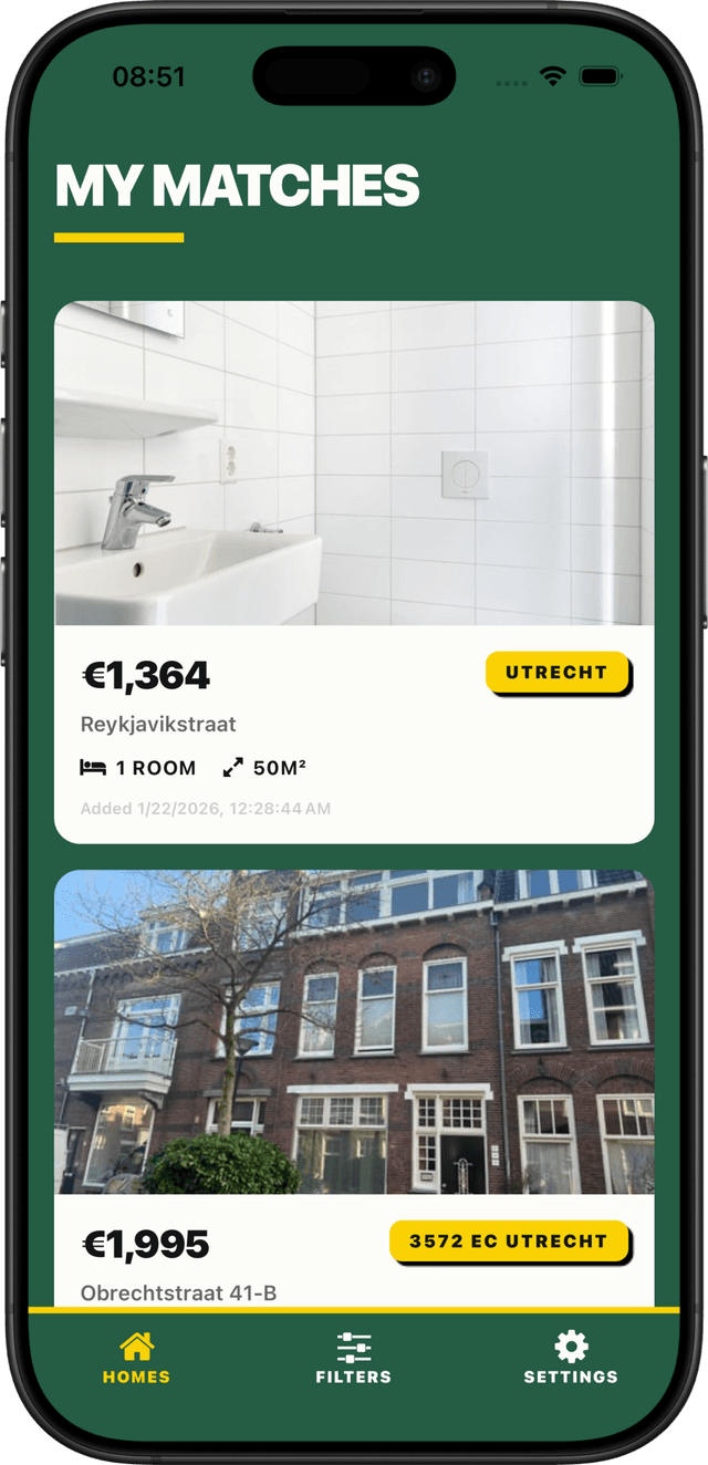 Rentbee huurwoning alerts app toont directe huurwoning meldingen